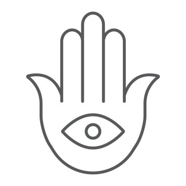 Hamza ince satır simgesi, şans ve tılsım, el işareti, vektör grafikleri, doğrusal model beyaz bir arka plan üzerinde.