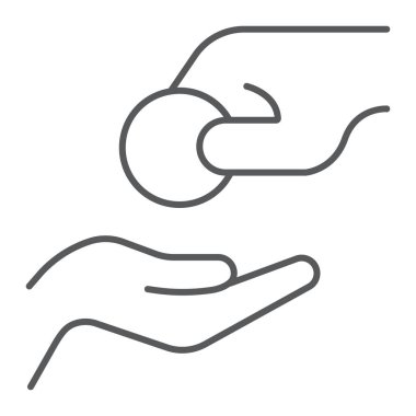 Zekat ince satırı simgesi, sadaka ve islam, bağış el işareti, vektör grafikleri, doğrusal model beyaz bir arka plan üzerinde.