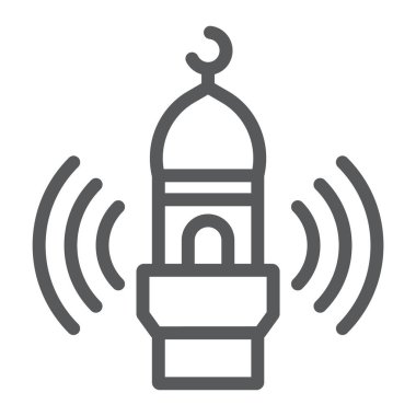 Ezan arama satırı simgesi, din ve islam, cami işareti, vektör grafik, bir doğrusal model beyaz bir arka plan üzerinde.