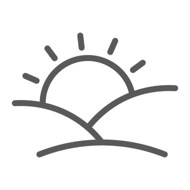 Gün batımı satırı simgesi, güneş ve güneş ışığı, şafak işareti, vektör grafikleri, doğrusal model beyaz bir arka plan üzerinde.