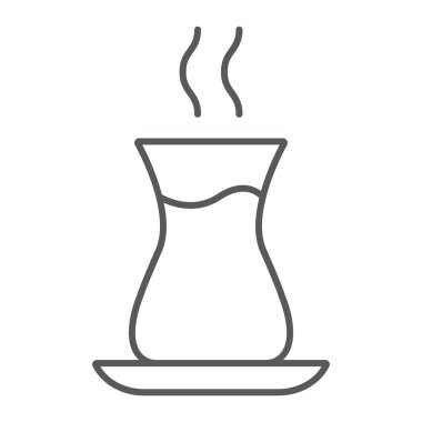 Türk çayı ince çizgi simgesi, Arap ve içki, Doğu çay Kupası işareti, vektör grafikleri, doğrusal model beyaz bir arka plan üzerinde.