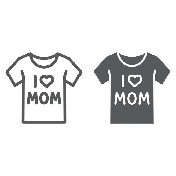 Me encanta la línea de la camiseta de mamá y el icono de glifo, ropa y texto, signo de camisa, gráficos vectoriales, un patrón lineal sobre un fondo blanco . — Vector de stock
