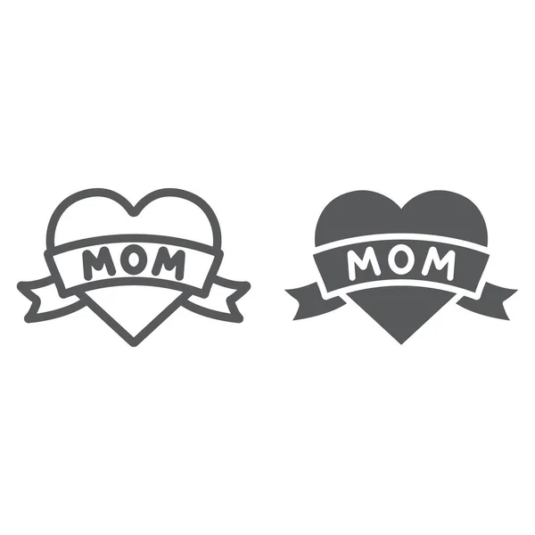 Corazón con la línea de inscripción mamá y el icono de glifo, el amor y la madre, el amor signo de tatoo mamá, gráficos vectoriales, un patrón lineal sobre un fondo blanco . — Archivo Imágenes Vectoriales