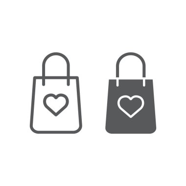 Kalp satır ve karakter simgesi, paket ve hediye, hediye çanta alışveriş çantası işareti, vektör grafikleri, doğrusal model beyaz bir arka plan üzerinde.