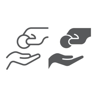 Zekat çizgi ve glif simgesi, sadaka ve islam, bağış el işareti, vektör grafikleri, doğrusal model beyaz bir arka plan.