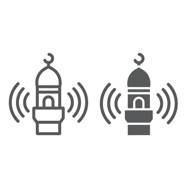 Linha de chamada de Adhan e ícone de glifo, religião e islã, sinal de mesquita, gráficos vetoriais, um padrão linear em um fundo branco . —  Vetores de Stock