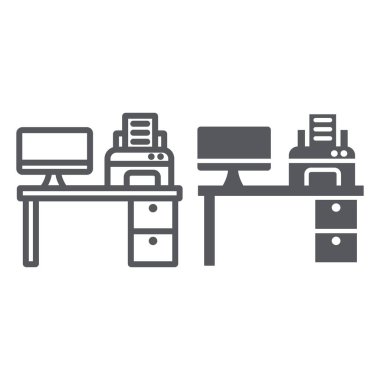 Bilgisayar Danışma hattı ve glif simgesi, ofis ve tablo, çalışma alanı'nı işaret, vektör grafikleri, doğrusal model beyaz bir arka plan üzerinde.