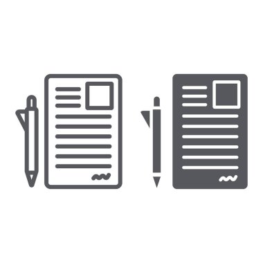 Belge ve satır ve karakter simgesi, office kalem ve kağıt, form işareti, vektör grafikleri, doğrusal model beyaz bir arka plan üzerinde oturum.