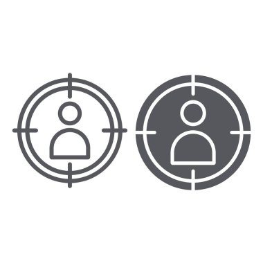 İnsanlar hedef satırı ve glif simgesi, hedefleme ve odak, bizzat amaç işareti, vektör grafikleri, doğrusal model beyaz bir arka plan üzerinde.