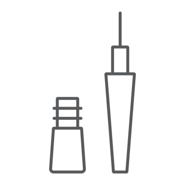 Eyeliner ince çizgi simgesi, makyaj ve kozmetik, göz arttırıcı işareti, vektör grafikleri, beyaz bir arka planda doğrusal bir desen.