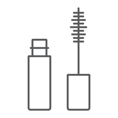 Maskara fırça ince çizgi simgesi, kirpik ve kozmetik, göz makyaj işareti, vektör grafikleri, beyaz bir arka planda doğrusal bir desen.