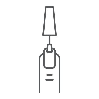 Manikür ince çizgi simgesi, kozmetik ve güzellik, oje işareti, vektör grafikleri, beyaz bir arka planda doğrusal bir desen.