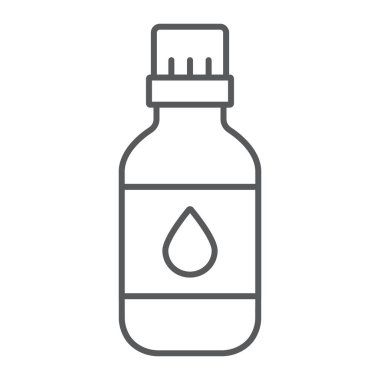 Esansiyel yağ ince çizgi simgesi, Aromaterapi ve kozmetik, aromatik yağ işareti, vektör grafikleri, beyaz bir arka planda doğrusal bir desen.