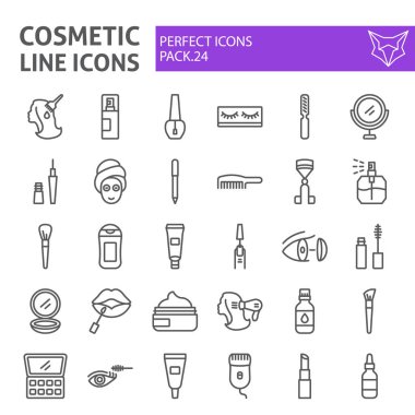 Kozmetik çizgi simgesi seti, makyaj sembolleri koleksiyonu, vektör skeçler, logo illüstrasyonları, güzellik işaretleri doğrusal piktogram paketi beyaz arka planda izole.
