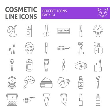 Kozmetik ince çizgi simgesi seti, makyaj sembolleri toplama, vektör skeçler, logo illüstrasyonları, güzellik işaretleri doğrusal piktogram paketi beyaz arka planda izole.
