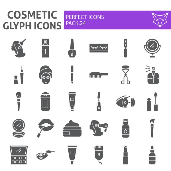 Conjunto de iconos de glifo cosmético, colección de símbolos de maquillaje, bocetos vectoriales, ilustraciones de logotipo, signos de belleza paquete pictogramas sólidos aislados sobre fondo blanco . — Vector de stock