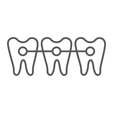 Diş telleri ince çizgi simgesi, dişçi ve diş, diş işareti, vektör grafikleri, beyaz arka planda doğrusal bir desen.