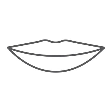 Dudaklar ince çizgi simgesi, ağız ve kadın, gülümseme işareti, vektör grafikleri, beyaz bir arka planda doğrusal bir desen.