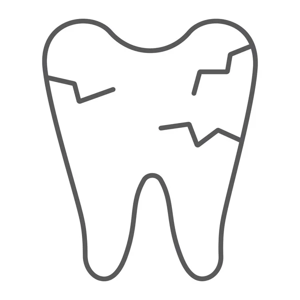 깨진 치아 얇은 라인 아이콘, 입과 치과, 손상 된 치아 기호, 벡터 그래픽, 흰색 바탕에 선형 패턴. — 스톡 벡터