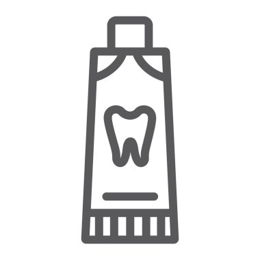 Diş macunu hattı simgesi, diş ve Tüp, diş bakım işareti, vektör grafikleri, beyaz bir arka planda doğrusal bir desen.