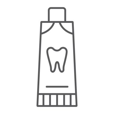 Diş macunu ince çizgi simgesi, diş ve Tüp, diş bakım işareti, vektör grafikleri, beyaz bir arka planda doğrusal bir desen.