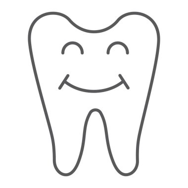Mutlu diş ince hat simgesi, diş ve diş hekimliği, gülümseyen diş işareti, vektör grafikleri, beyaz bir arka planda doğrusal bir desen.