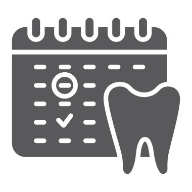 Diş hekimi randevu glif simgesi, program ve diş, takvim işareti, vektör grafikleri, beyaz bir arka planda sağlam bir desen.