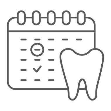 Diş hekimi randevu ince çizgi simgesi, program ve diş, takvim işareti, vektör grafikleri, beyaz bir arka planda doğrusal bir desen.