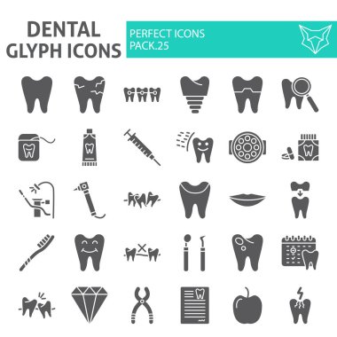 Diş glif simgesi seti, diş hekimliği sembolleri toplama, vektör skeçler, logo illüstrasyonları, diş işaretler katı piktogram paket beyaz arka planda izole.