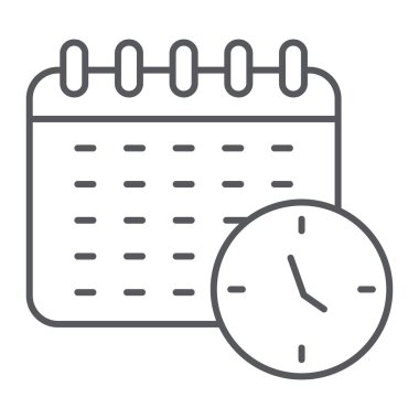 Zamanlama ince çizgi simgesi, organizatör ve zaman, takvim işareti, vektör grafikleri, beyaz bir arka planda doğrusal bir desen.