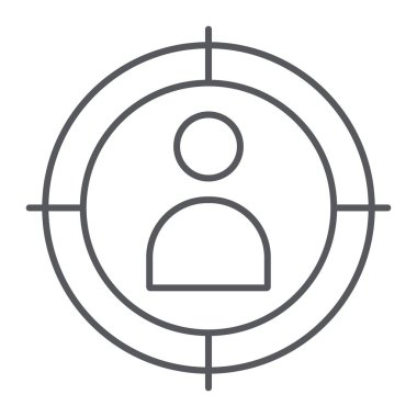 Silah noktası ince çizgi simgesi, amaç ve hedef, hedef adam işareti, vektör grafik, beyaz bir arka plan üzerinde doğrusal bir desen.