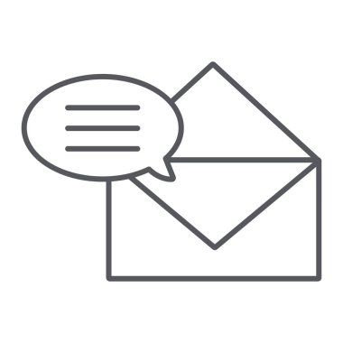 Yazışma ince çizgi simgesi, e-posta ve posta, zarf işareti, vektör grafikleri, beyaz arka plan üzerinde doğrusal bir desen.