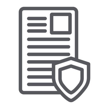 Güvenlik belge satırı simgesi, gizlilik ve kağıt, kalkan işareti ile liste, vektör grafikleri, beyaz arka plan üzerinde doğrusal bir desen.