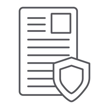 Güvenlik belgesi ince çizgi simgesi, gizlilik ve kağıt, kalkan işareti ile liste, vektör grafikleri, beyaz arka plan üzerinde doğrusal bir desen.