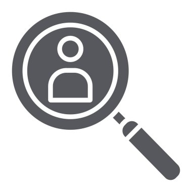 Kişi arama glyph simgesi, işe alma ve büyüteç, insan işareti ile lens, vektör grafikleri, beyaz bir arka plan üzerinde sağlam bir desen.