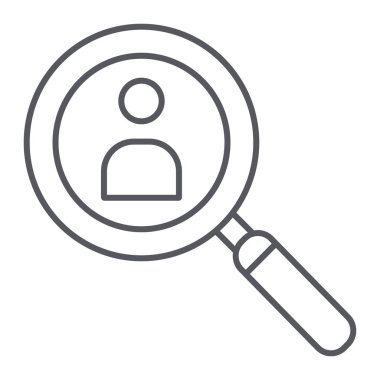 Kişi arama ince çizgi simgesi, işe alma ve büyüteç, insan işareti ile lens, vektör grafikleri, beyaz bir arka plan üzerinde doğrusal bir desen.