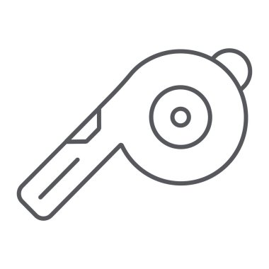 Islık ince çizgi simgesi, ekipman ve spor, üfleyici işareti, vektör grafikleri, beyaz arkaplan üzerinde doğrusal desen.