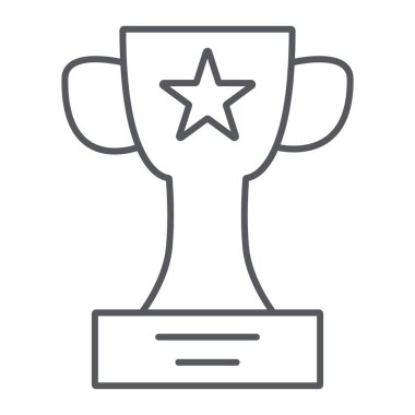 Kazanan kupa ince çizgi simgesi, şampiyon ve kadeh, ödül işareti, vektör grafikleri, beyaz arkaplanda doğrusal desen.