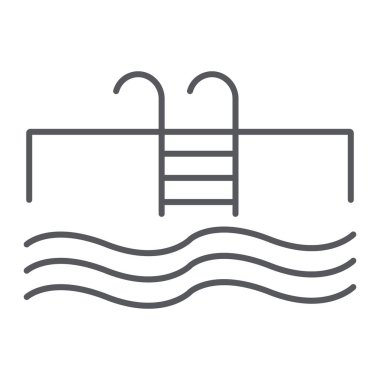 Yüzme havuzu ince çizgi simgesi, spor ve yüzme, su işareti, vektör grafikleri, beyaz arka plan üzerinde doğrusal bir desen.