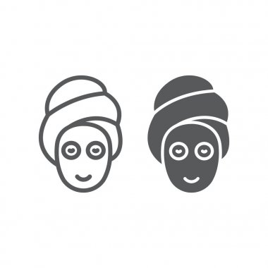 Güzellik maskesi hattı ve glyph simgesi, cilt ve güzellik, yüz bakım işareti, vektör grafikleri, beyaz arka plan üzerinde doğrusal bir desen.