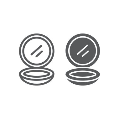 Kompakt toz hattı ve glyph simgesi, makyaj ve kozmetik, cilt pudrası işareti, vektör grafikleri, beyaz arka plan üzerinde doğrusal bir desen.