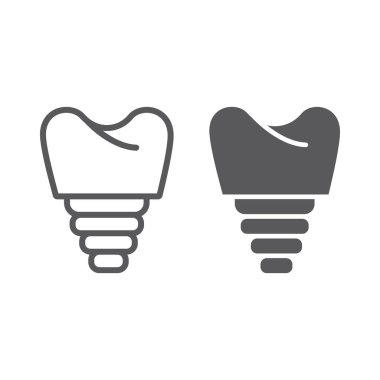 Dental implant hattı ve glyph simgesi, diş ve diş hekimliği, implant diş işareti, vektör grafikleri, beyaz arka plan üzerinde doğrusal bir desen.