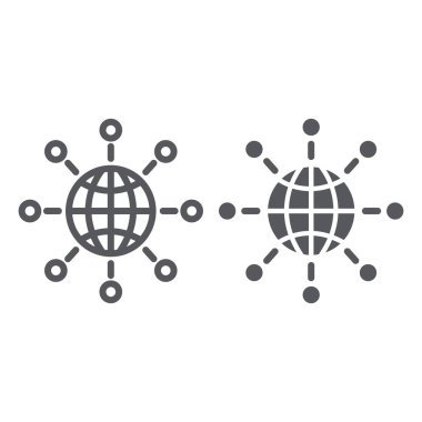 Uluslararası iletişim hattı ve glyph simgesi, dünya ve bağlantı, küresel bağlantı işareti, vektör grafikleri, beyaz arka plan üzerinde doğrusal bir desen.