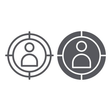 Silah noktası çizgisi ve glyph simgesi, nişan ve hedef, hedef adam işareti, vektör grafikleri, beyaz arka plan üzerinde doğrusal bir desen.