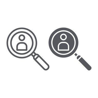 Kişi arama hattı ve glyph simgesi, işe alma ve büyüteç, insan işareti ile lens, vektör grafikleri, beyaz bir arka plan üzerinde doğrusal bir desen.