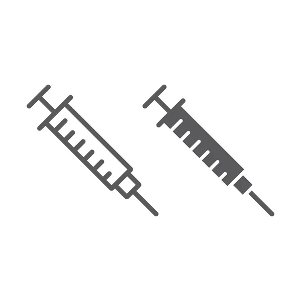 Spritzenlinie und Glyphen-Symbol, Medizin und Krankenhaus, Nadelzeichen, Vektorgrafik, ein lineares Muster auf weißem Hintergrund. — Stockvektor