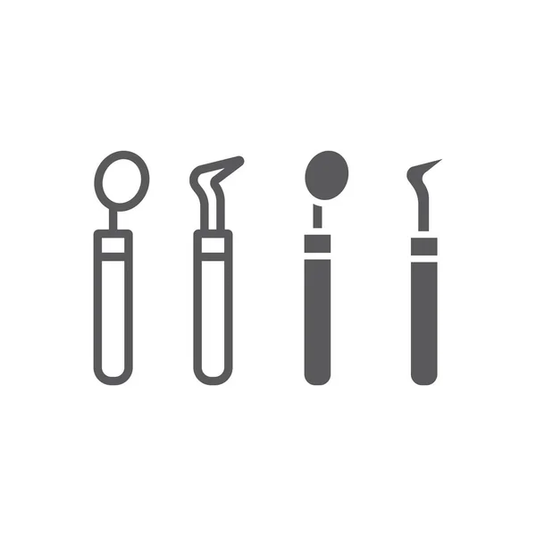 牙科工具线和字形图标，口腔和牙医，牙科设备符号，矢量图形，白色背景上的线性图案. — 图库矢量图片