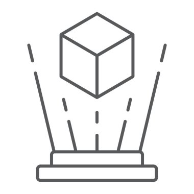 Holografik görüntü ince çizgi simgesi, döndürme ve görünüm, hologram işareti, vektör grafikleri, beyaz arka plan üzerinde doğrusal desen.