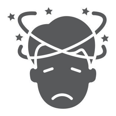 Baş dönmesi glyph simgesi, stres ve insan, karışık adam işareti, vektör grafikleri, beyaz bir arka plan üzerinde sağlam bir desen.