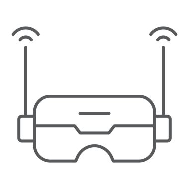 Fpv teknolojisi ince çizgi simgesi, yenilik ve sanal, fpv gözlük işareti, vektör grafikler, beyaz arka plan üzerinde doğrusal bir desen.